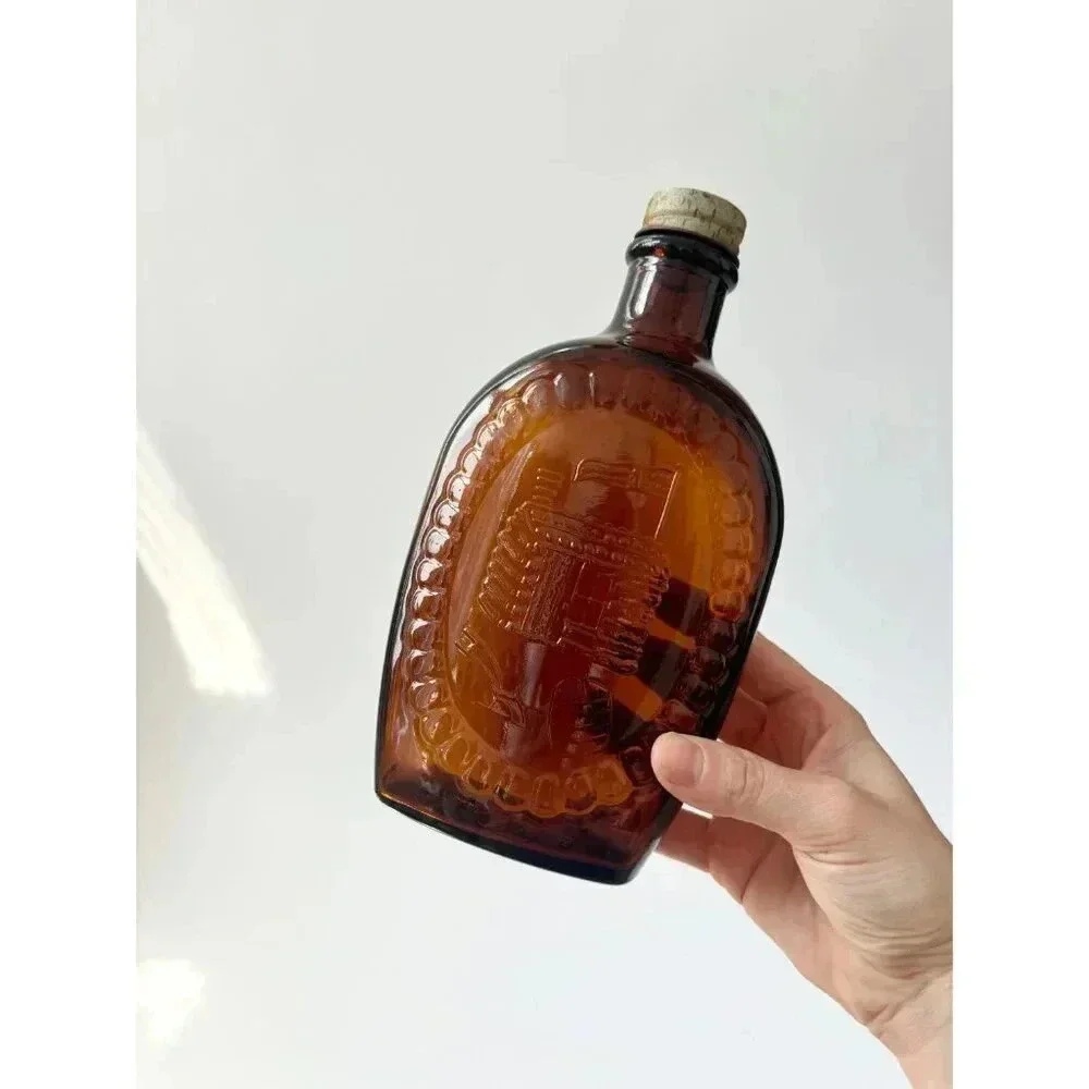 Vintage Dark Browl Glass Log Cabin Syrup Bicentennial Glass Container with Top